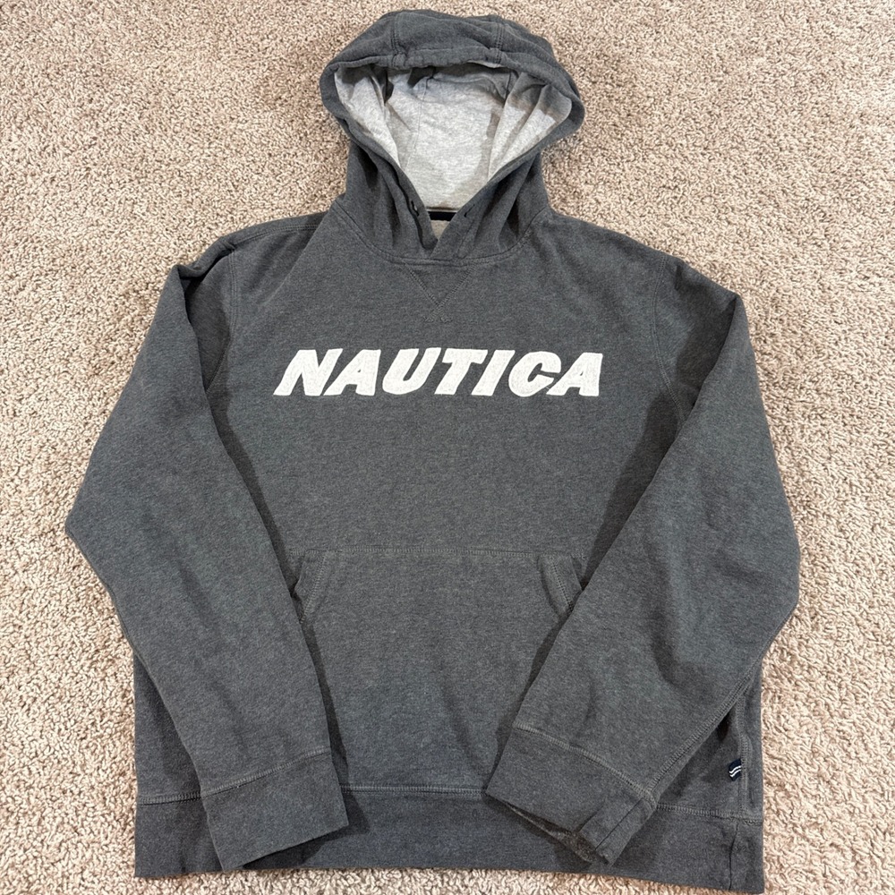 Nautica Pullover Hoodie Mens Size Medium Gray Good Logo Sweatshirt VDR NALXSPIN5